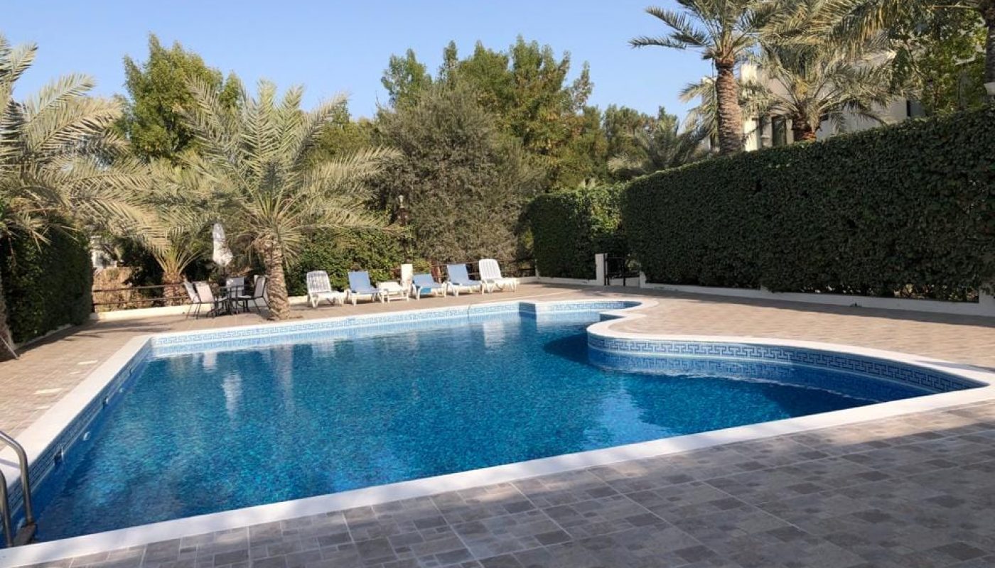 A clear blue swimming pool surrounded by palm trees and lounge chairs on a tiled patio under a clear sky.