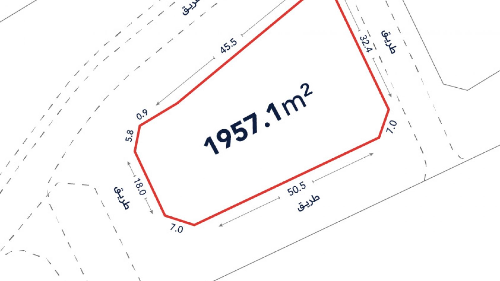 A plot map outlines a land area of 1957.1 square meters, showing boundary lengths in meters and surrounding streets labeled in Arabic.