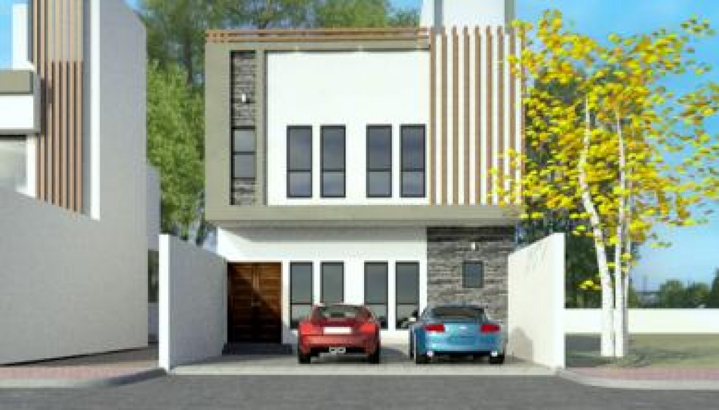 Modern two-story house with large windows, a driveway, and two parked cars; tree with yellow leaves on the right side of the property.