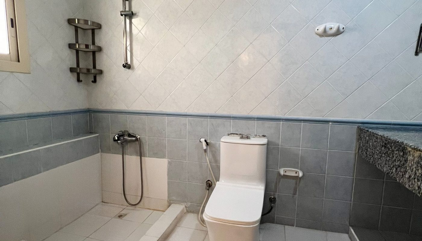 A bathroom with a walk-in shower, a toilet, a handheld bidet spray, wall shelves, and a granite countertop with a sink. The walls and floor are tiled in light colors.