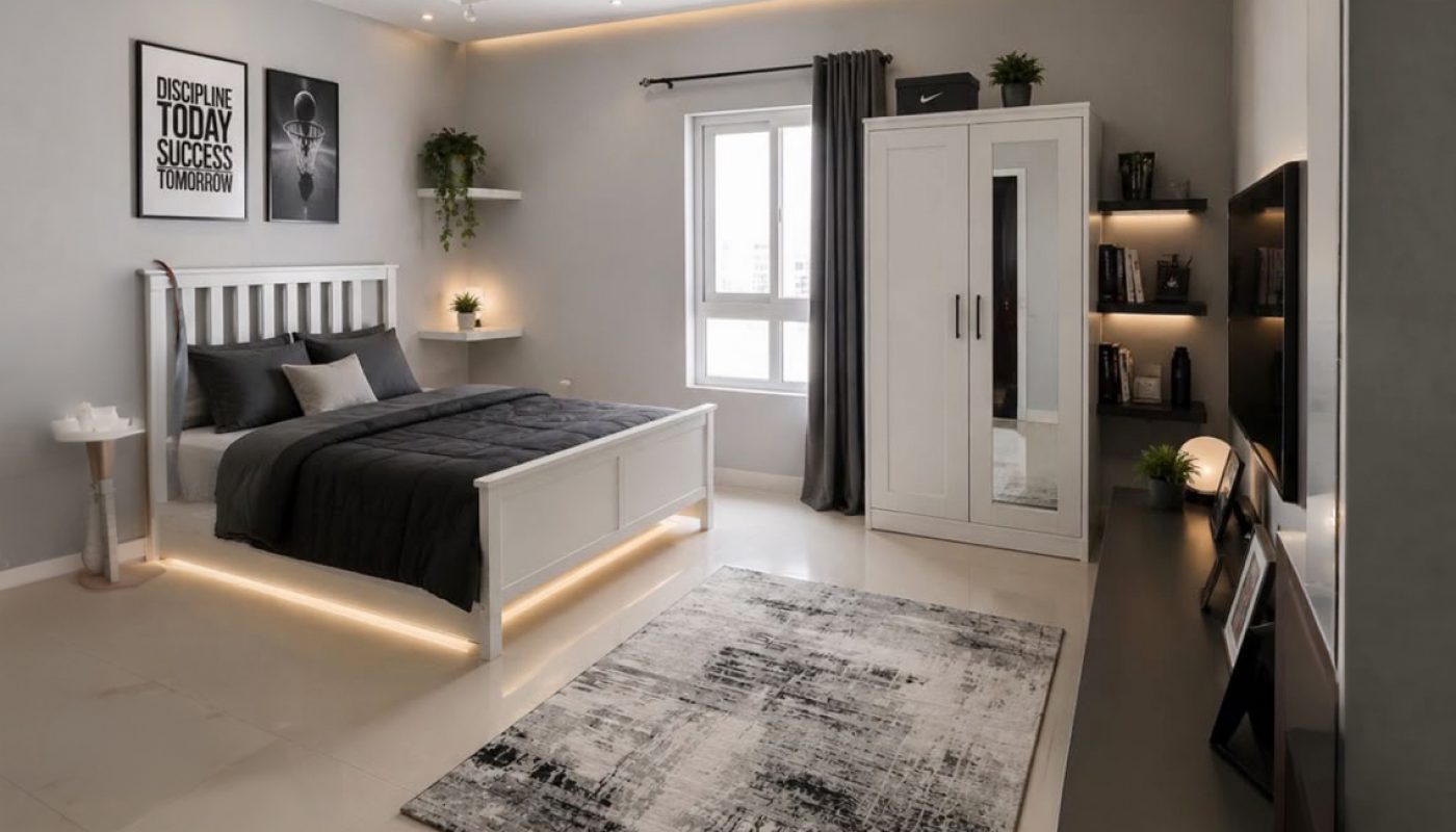 Modern bedroom with a white bed, gray bedding, a rug, wall art, and a wardrobe. Room has neutral tones, sleek furniture, and a large window letting in natural light.