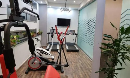 A fully furnished gym room in an apartment with a tread machine and other equipment.