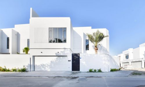 This modern white, two-story luxury villa features a sleek garage and a striking black front door under a clear blue sky. With minimal landscaping in the front yard, it showcases a single palm tree and a small plant, epitomizing contemporary design with understated elegance.