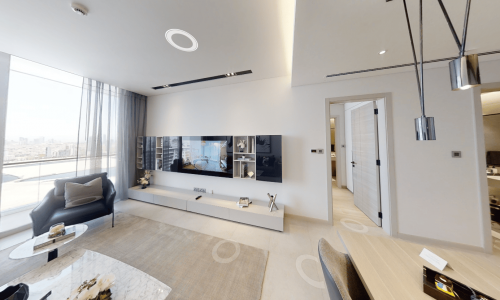 A 3D rendering of a living room with a flat screen TV for sale.