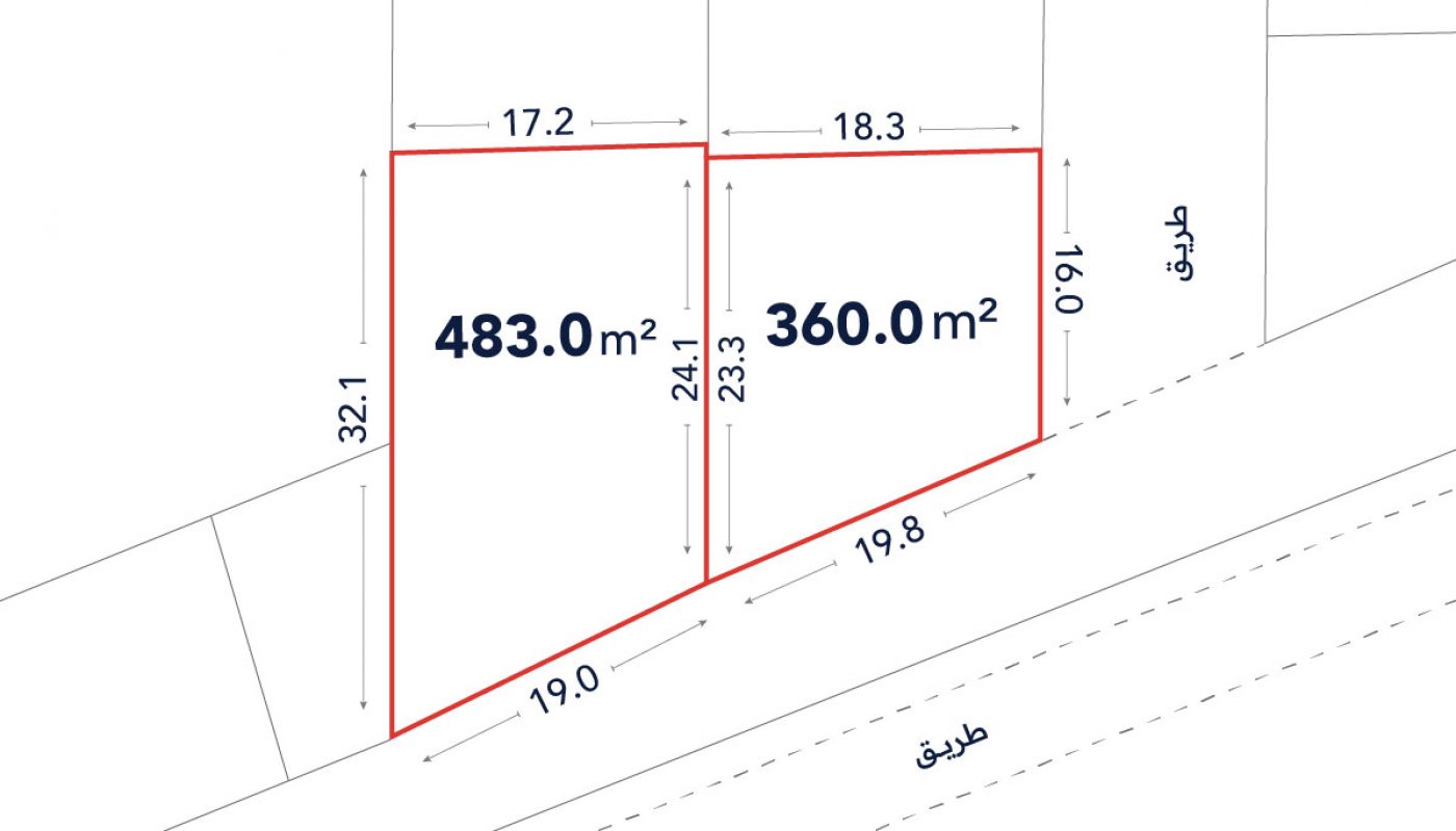 A plot map showing two adjacent land parcels, one labeled 483.0 m² and the other 360.0 m², with boundary lengths and roads marked in Arabic.
