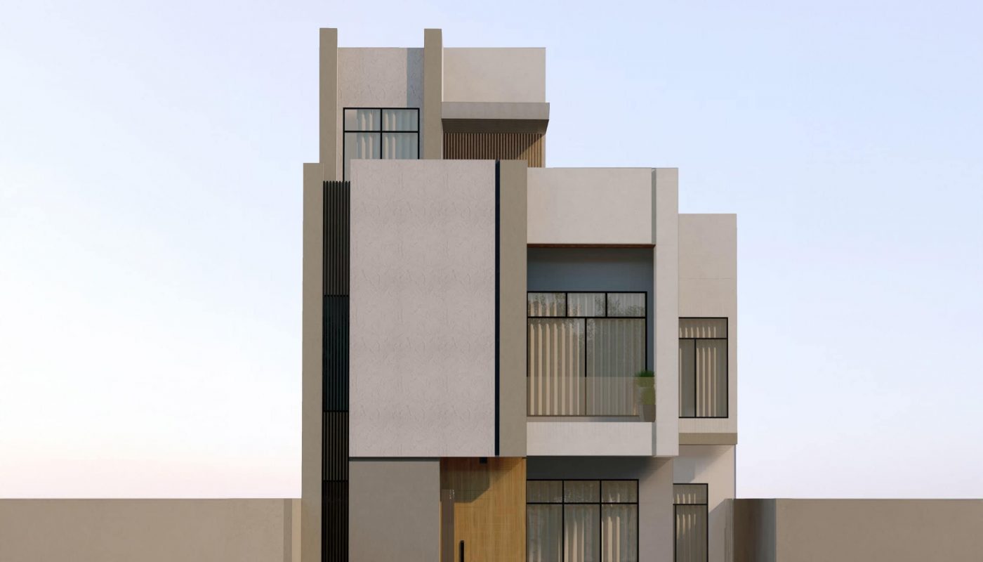Modern three-story building with beige and grey facade, large rectangular windows, and a wooden door, flanked by minimalistic planters, set against a clear sky.