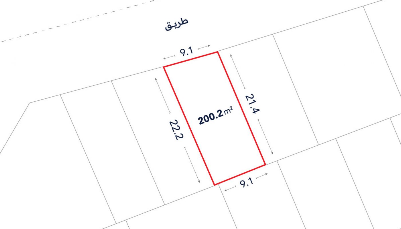 A rectangular plot of land measuring 200.2 square meters, 21.4m by 9.1m, is outlined in red on a site map with labeled dimensions in Arabic.
