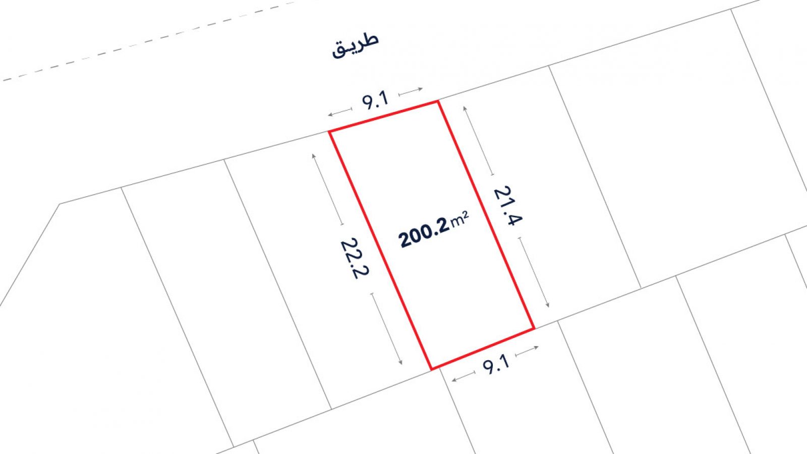 A rectangular plot of land measuring 200.2 square meters, 21.4m by 9.1m, is outlined in red on a site map with labeled dimensions in Arabic.