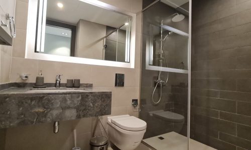 A luxurious studio for rent in Seef with a glass shower stall and toilet.