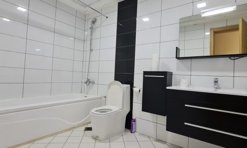 A fully upgraded black and white bathroom with a toilet and sink.