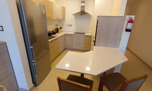 Fully Furnished Apartment with a kitchen equipped with a refrigerator, microwave, and bar stools.