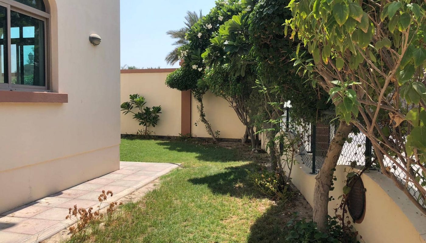 Small backyard with a lawn, paved path, and trees along a wall. A white building with a small window is on the left.