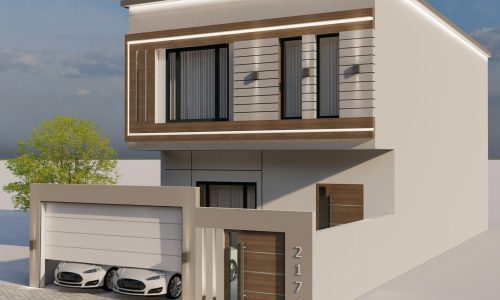 Modern two-story villa with a flat roof, featuring a double garage and two parked cars, rendered in a 3D architectural visualization.