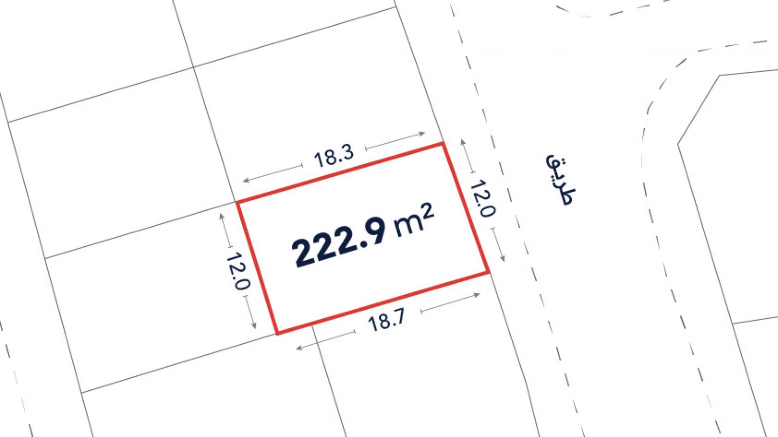 A rectangular land plot outlined in red measures 222.9 square meters, with sides of 18.3m, 18.7m, and two sides of 12.0m each, adjacent to a street labeled in Arabic.