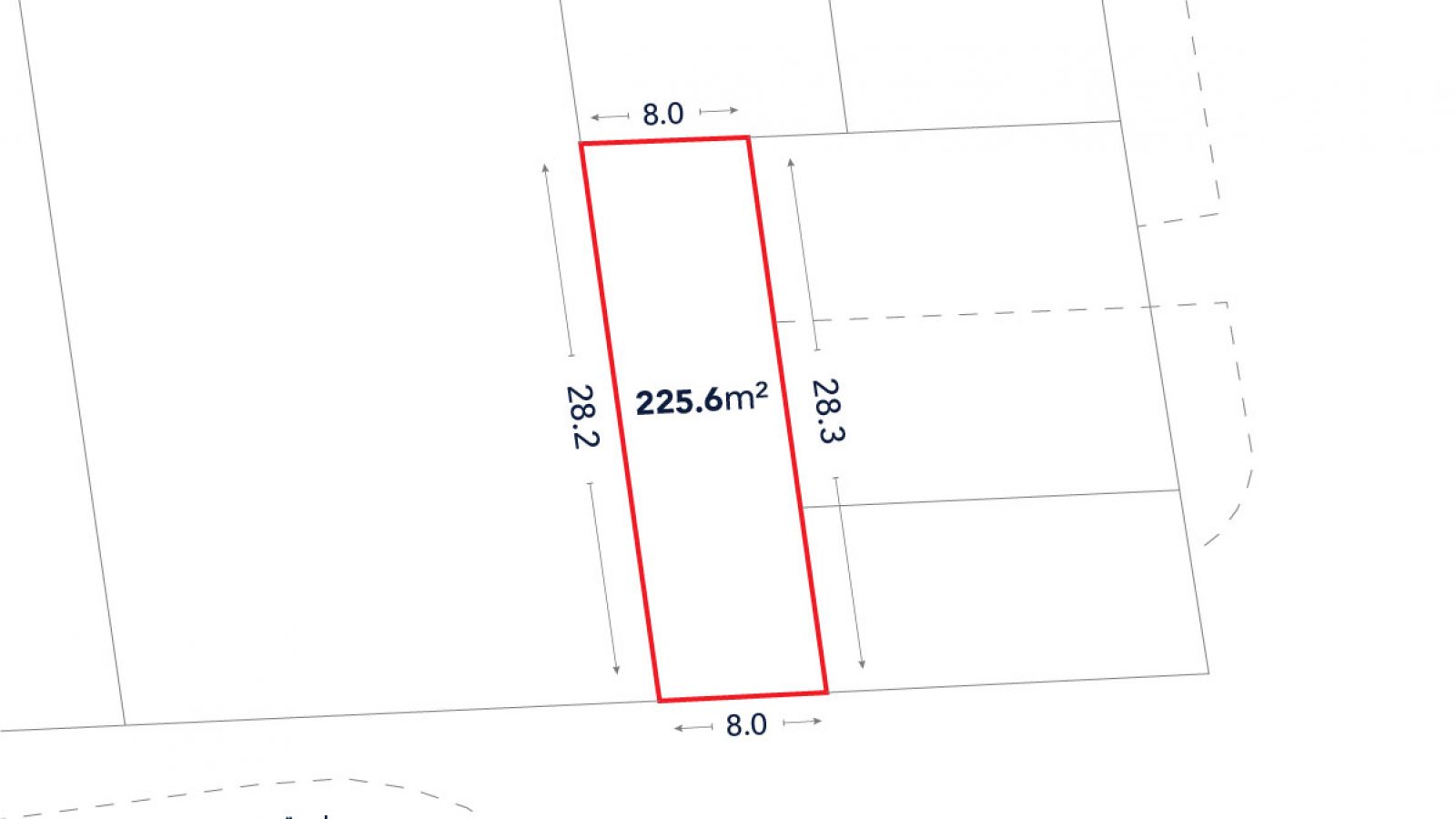 A rectangular plot is outlined in red, measuring 225.6 square meters, with width 8.0 meters and length about 28.2–28.3 meters, adjacent to a road labeled “طريق”.