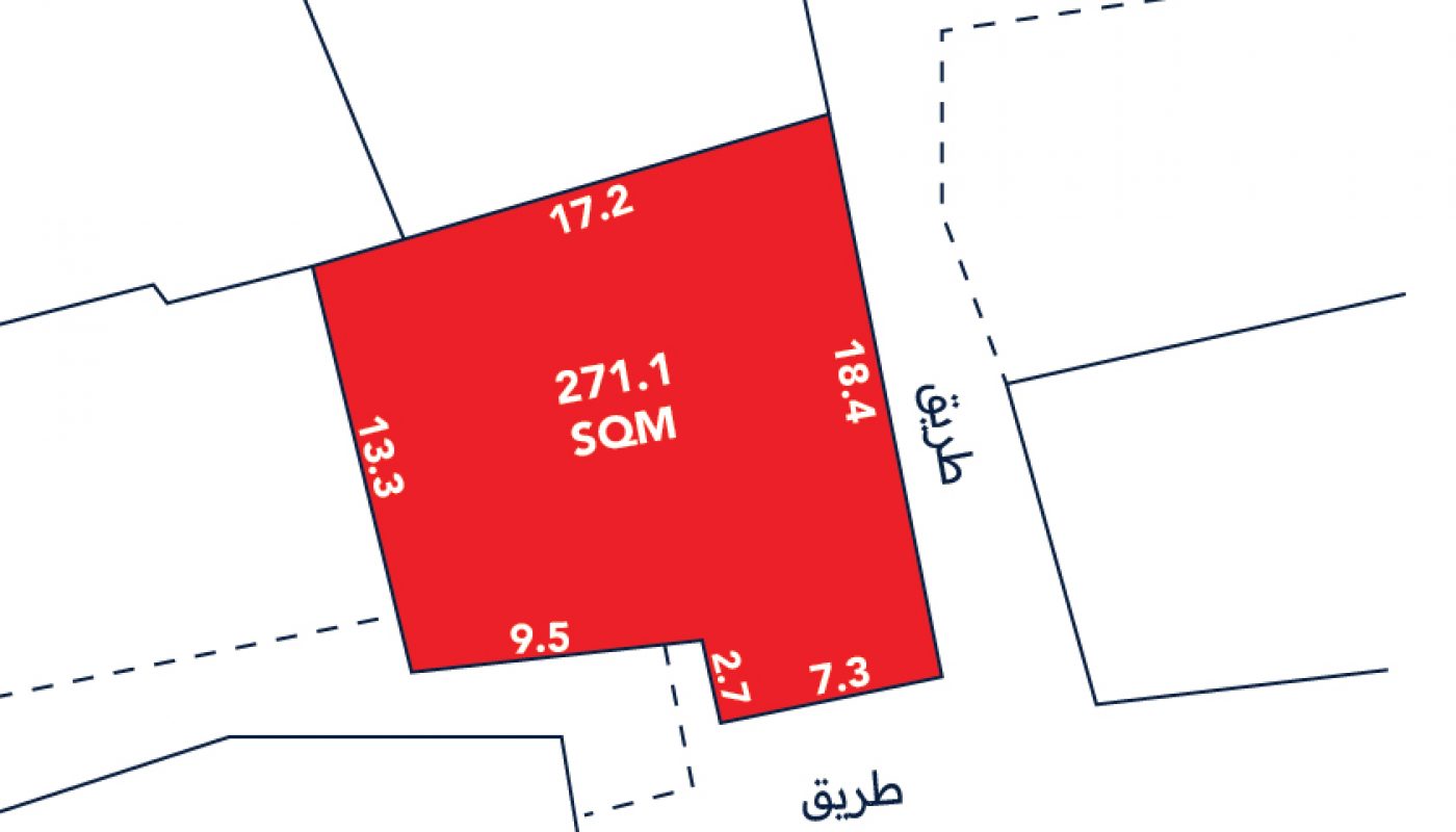 A plot map showing a red, irregular-shaped lot labeled 271.1 SQM, with side lengths marked in meters, bordered by dashed roads labeled “طريق”.