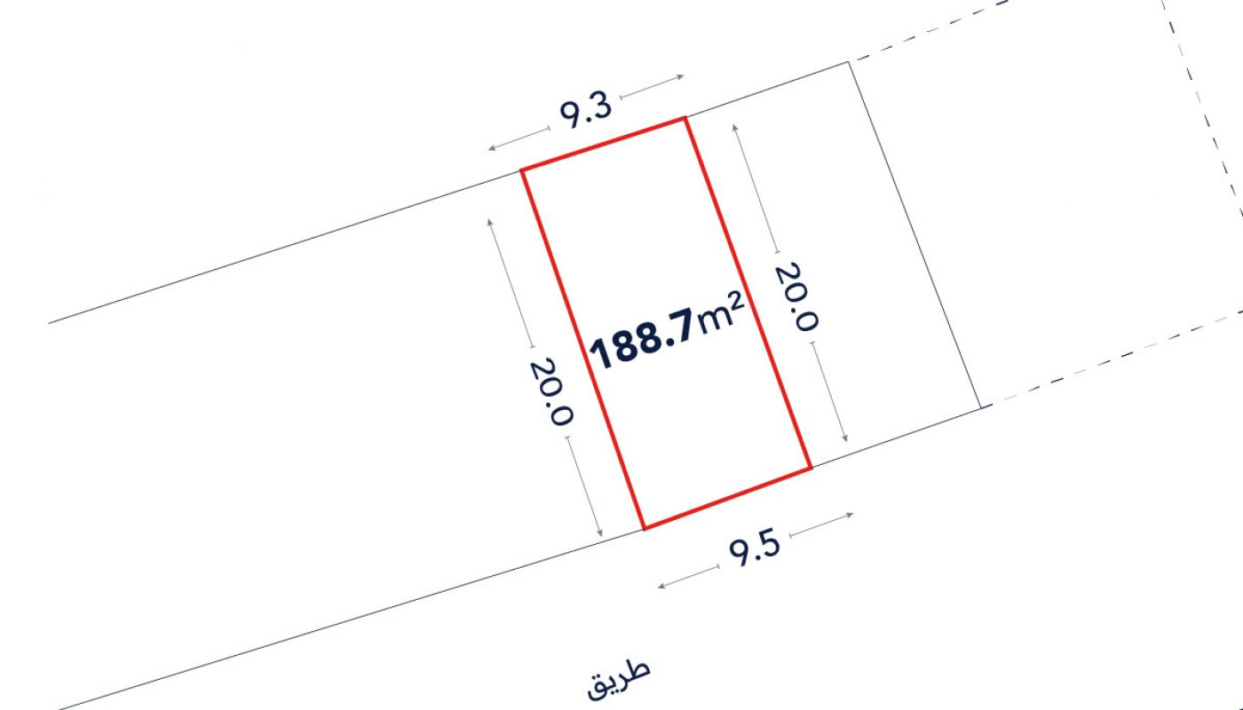 A rectangular land plot outlined in red, labeled 188.7 m², with dimensions 9.3 m by 20.0 m and adjacent streets labeled in Arabic.