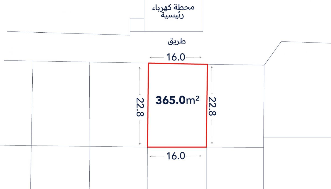 A plot of land outlined in red, labeled 365.0 m², with dimensions 16.0 m by 22.8 m. An electric station is indicated above the plot.