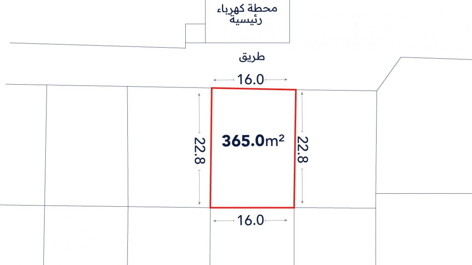 A plot of land outlined in red, labeled 365.0 m², with dimensions 16.0 m by 22.8 m. An electric station is indicated above the plot.