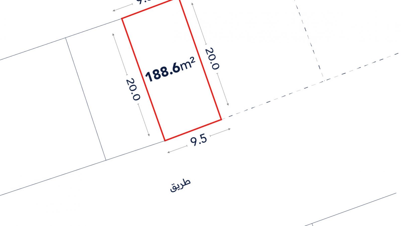 A rectangular plot outlined in red measures 188.6 square meters, with dimensions of 9.3 by 20.0 meters on one side and 9.5 by 20.0 meters on the other side, adjacent to a road.