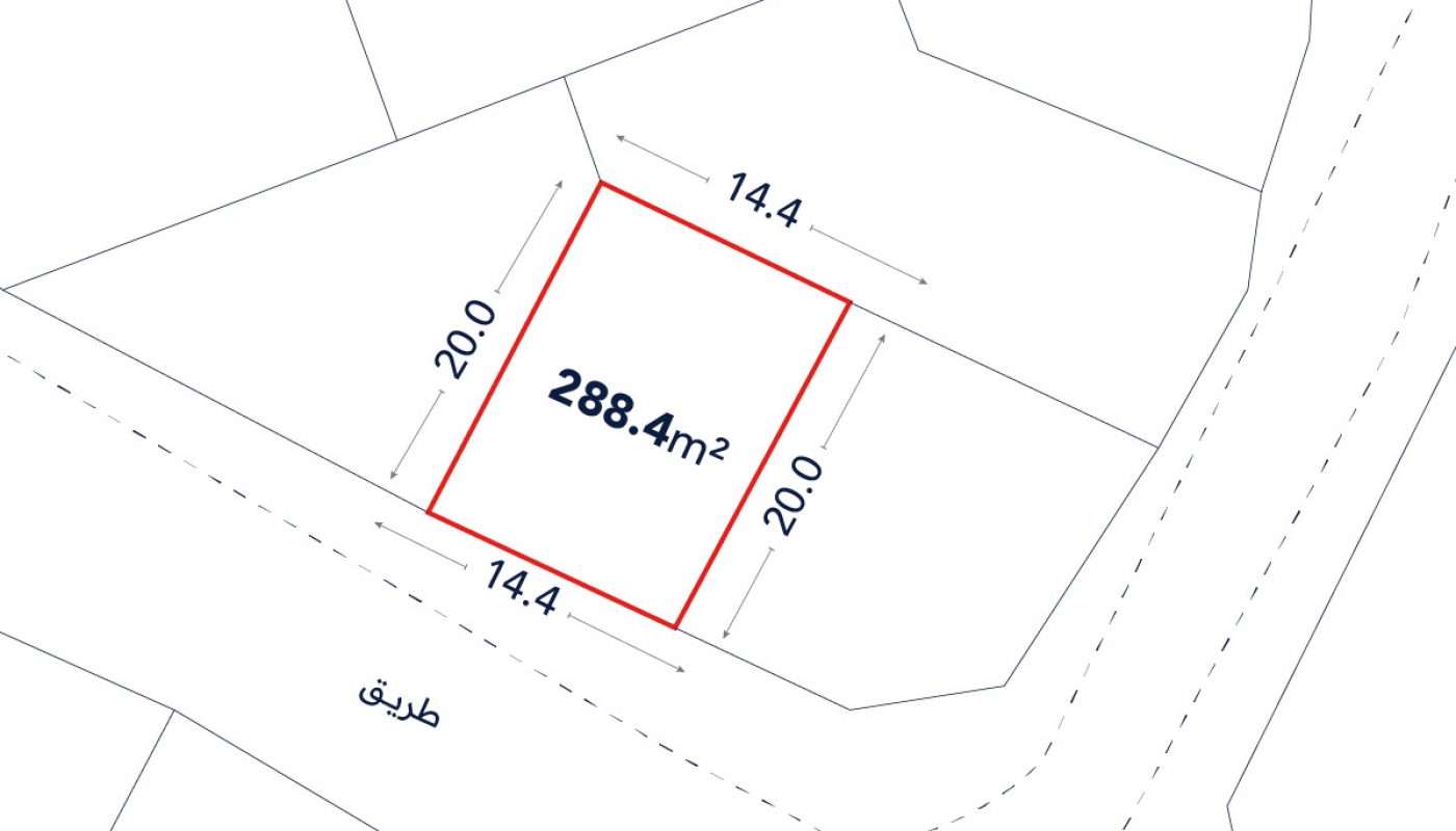 A plot of land outlined in red labeled 288.4 m², with sides measuring 14.4 m and 20.0 m, shown on a map adjacent to a road marked "طريق".