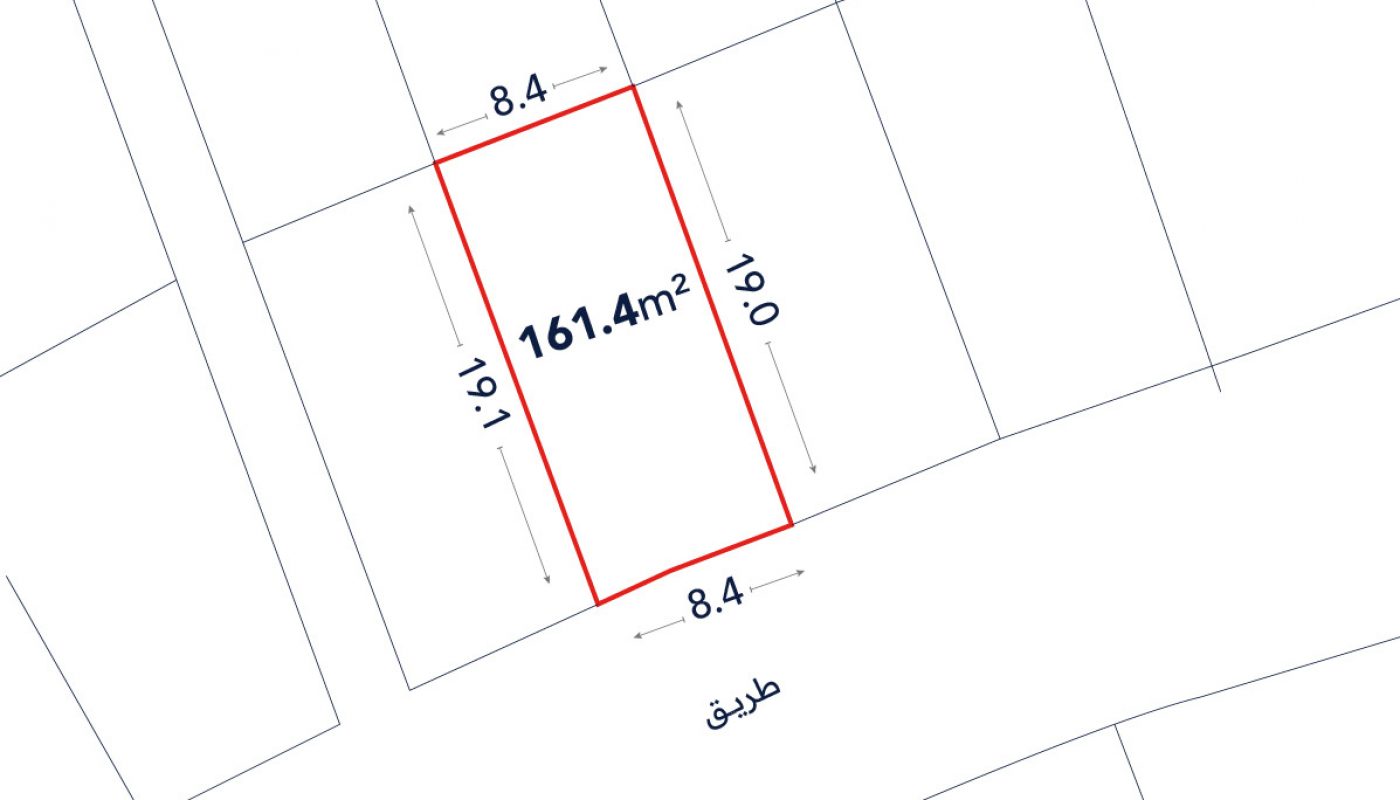 A rectangular land plot outlined in red, measuring 161.4 square meters, with dimensions 19.1m by 8.4m, shown on a map with adjacent plots and a labeled street.