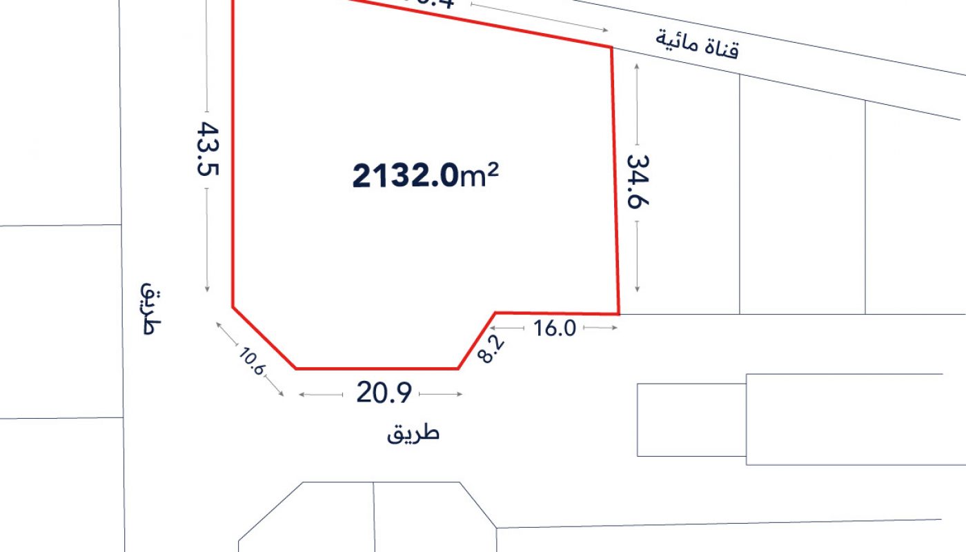 A land plot outlined in red with labeled side lengths and a total area of 2132.0 m², adjacent to roads and a water canal.