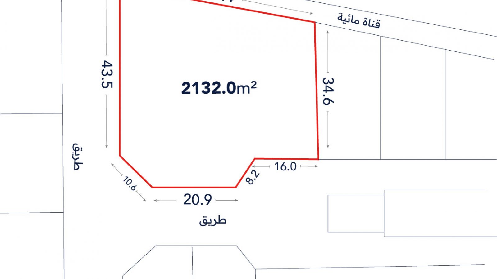 A land plot outlined in red with labeled side lengths and a total area of 2132.0 m², adjacent to roads and a water canal.