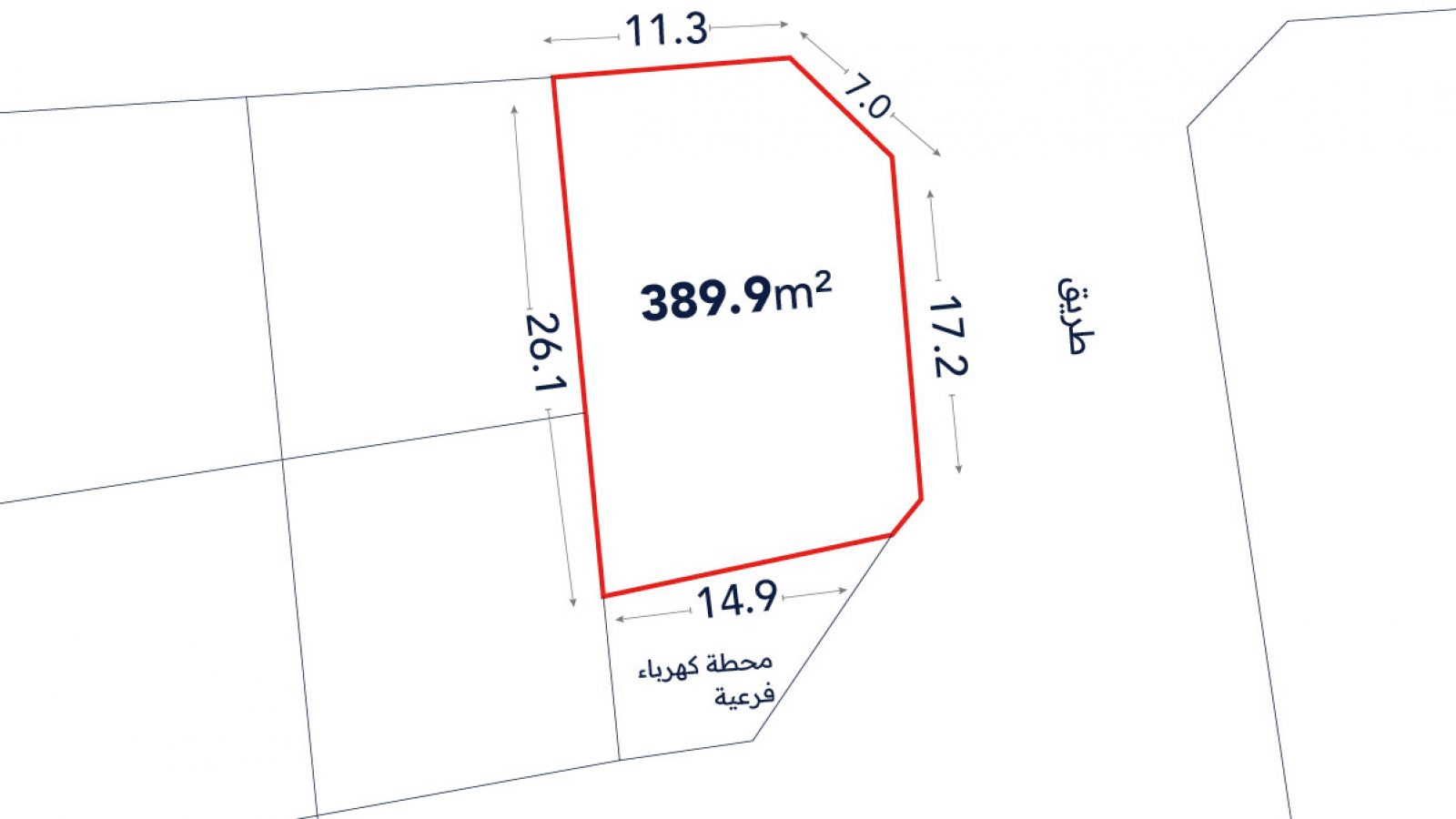 A plot of land outlined in red with labeled side lengths and a total area of 389.9 sq m; surrounding roads and a nearby power station are noted in Arabic.