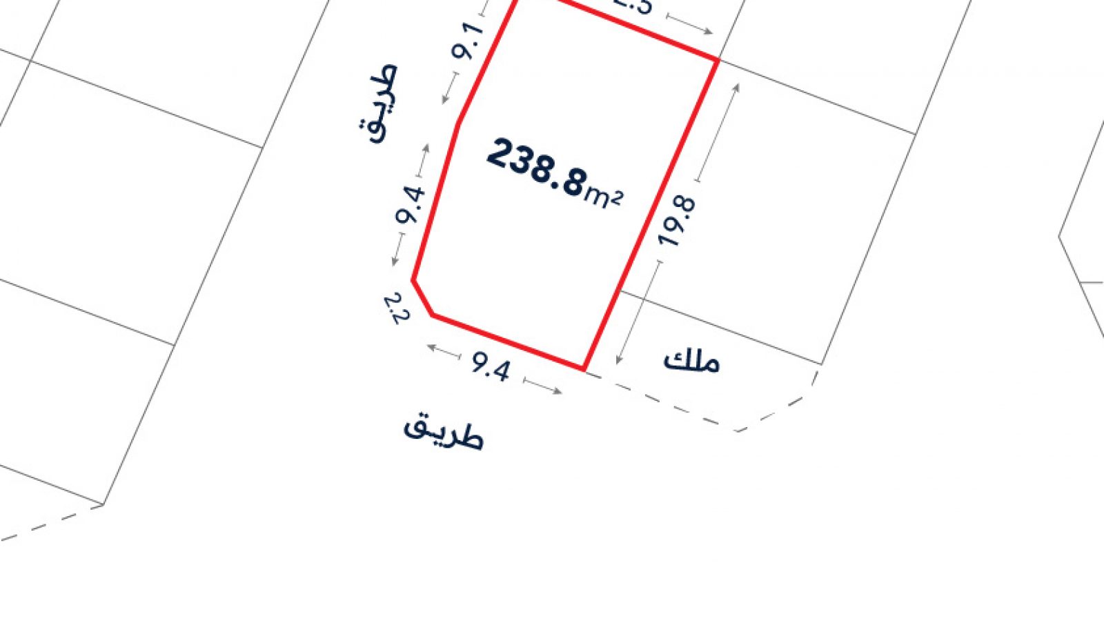 Site plan showing a rectangular plot outlined in red with an area of 238.8 m² and labeled side lengths 12.5m, 19.8m, 9.1m, and 9.4m, bordered by two streets.