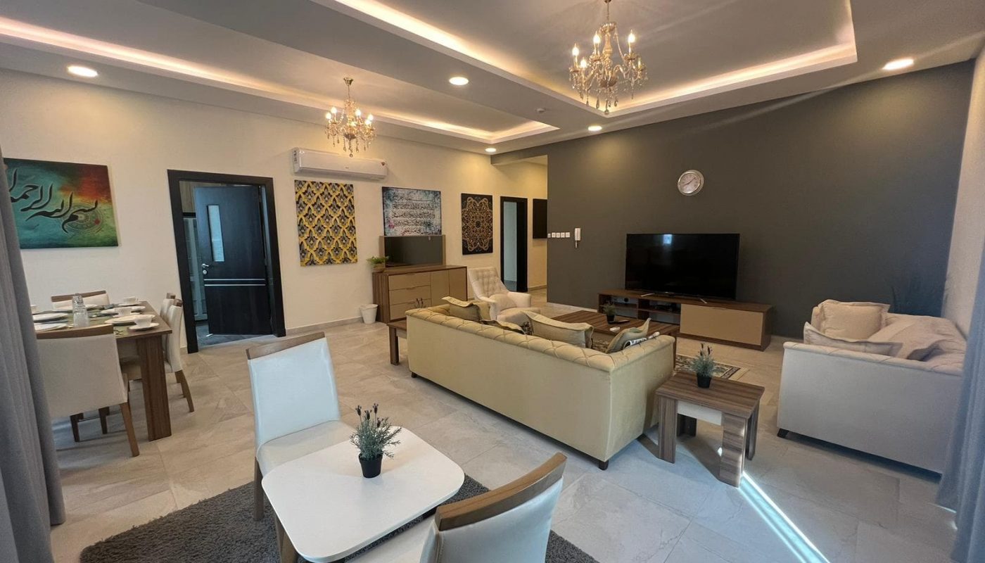 Modern apartment with living and dining rooms.