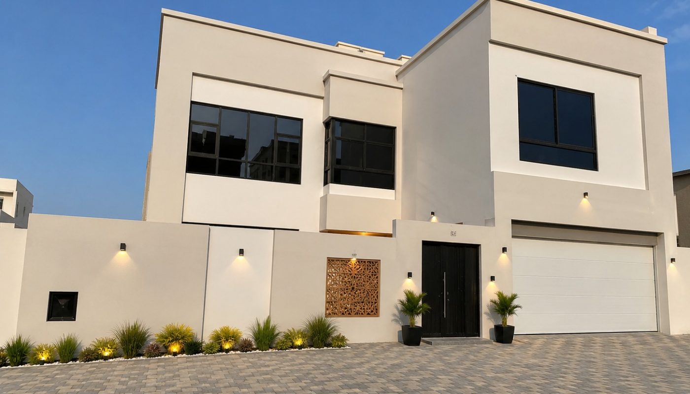A modern two-story house with large black-framed windows, a white exterior, a double garage, and landscaped front yard with potted plants and driveway.