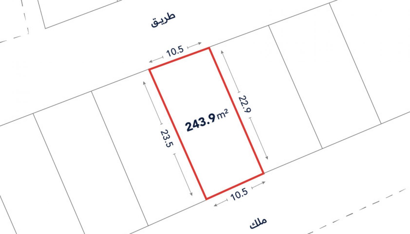 A rectangular land plot outlined in red, measuring 243.9 square meters with dimensions 10.5 by 23.5 meters, shown on a site plan labeled in Arabic.