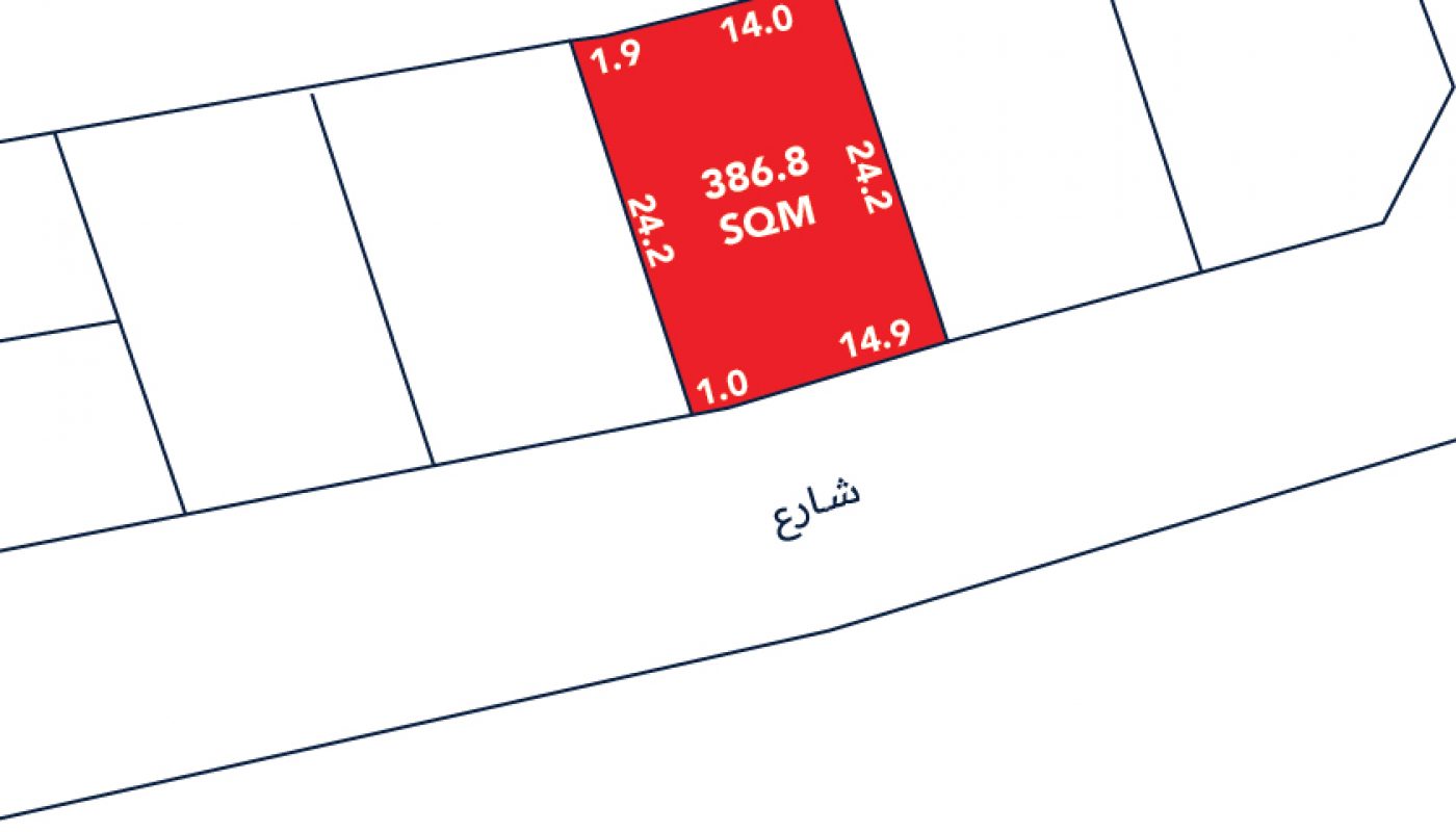 A rectangular plot marked in red, labeled 386.8 SQM, with sides measuring 14.0m, 24.2m, 14.9m, and 24.2m, situated between two streets.