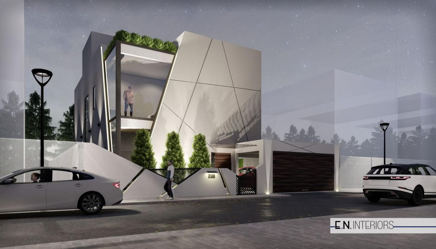 Modern two-story house with geometric design, large windows, and greenery. Two cars parked outside on the street. Nighttime setting with streetlights.