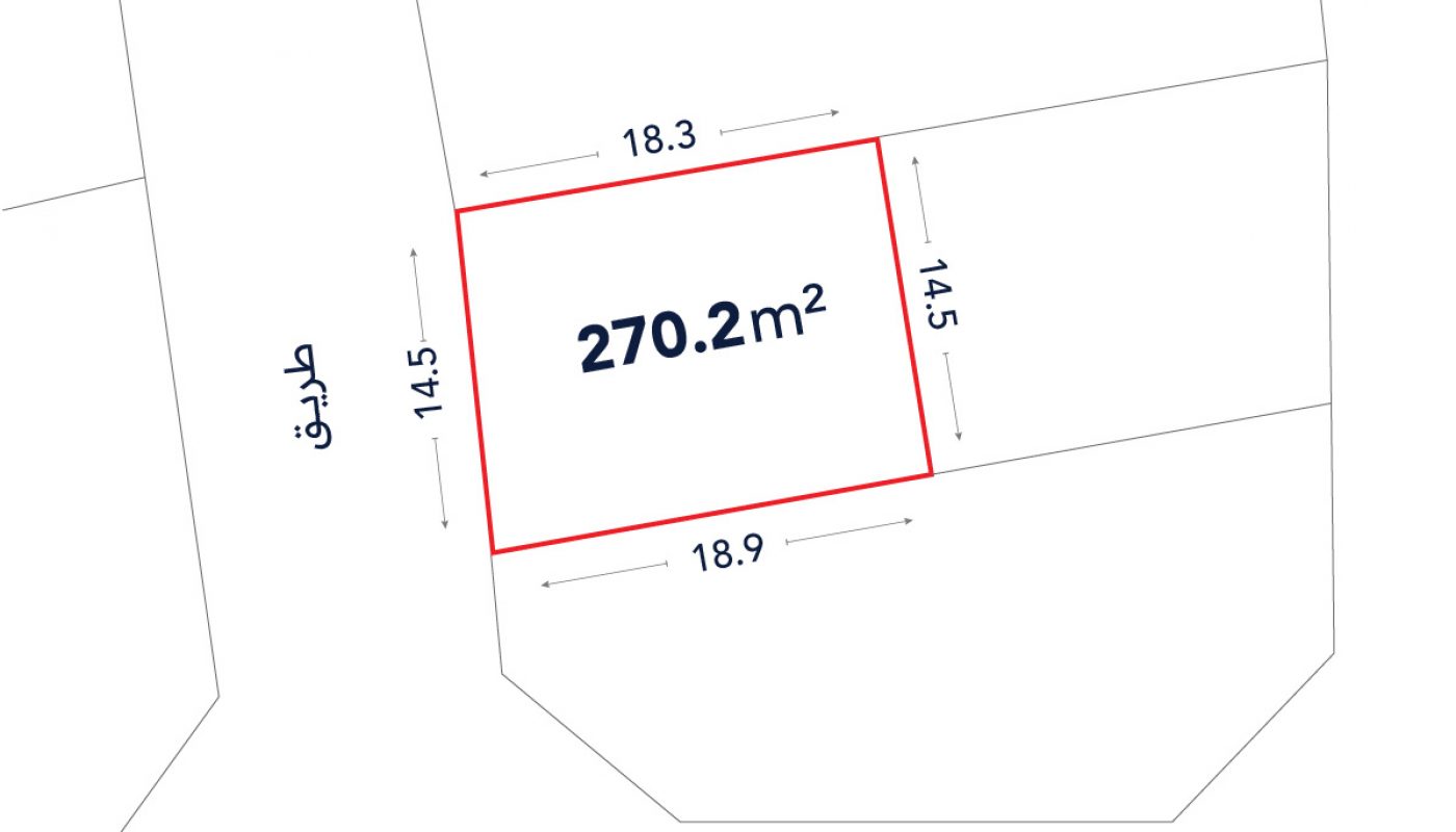 A rectangular plot of land outlined in red, labeled 270.2 m², with dimensions 18.3m, 18.9m, and two sides of 14.5m, adjacent to a street labeled "طريق" in Arabic.