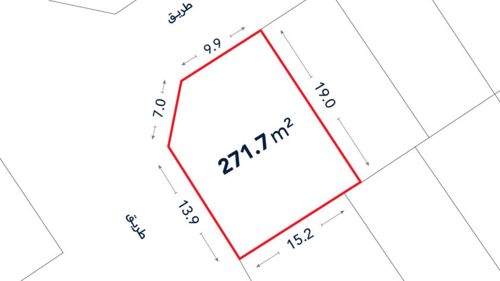 A plot map shows a 271.7 m² land parcel outlined in red with side lengths labeled: 9.9, 7.0, 13.9, 15.2, and 19.0 meters. Two roads are adjacent.