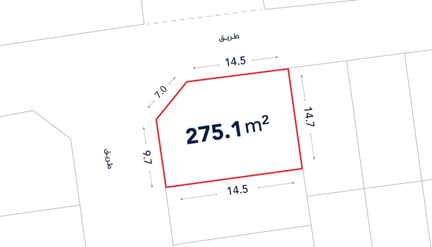 Outlined plot of land labeled 275.1 square meters with side lengths marked; adjacent to roads labeled in Arabic.