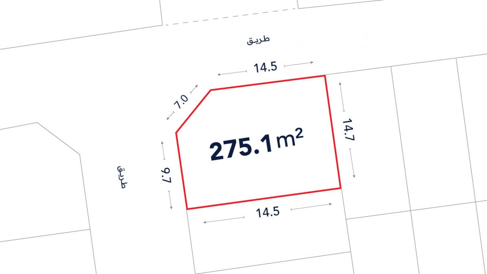 Outlined plot of land labeled 275.1 square meters with side lengths marked; adjacent to roads labeled in Arabic.