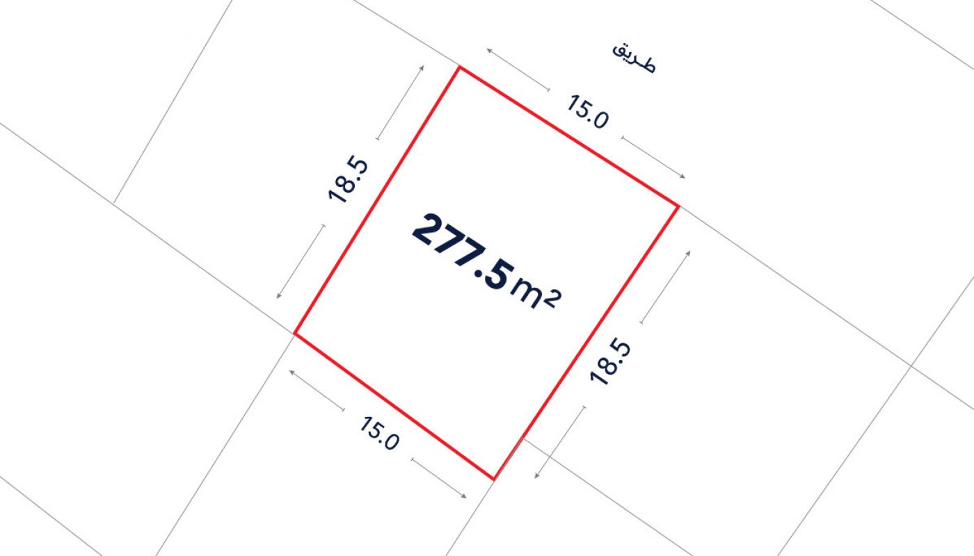 A square plot outlined in red, labeled 277.5 m², with sides measuring 18.5 m and 15.0 m, shown on a grid map with lines and Arabic text.