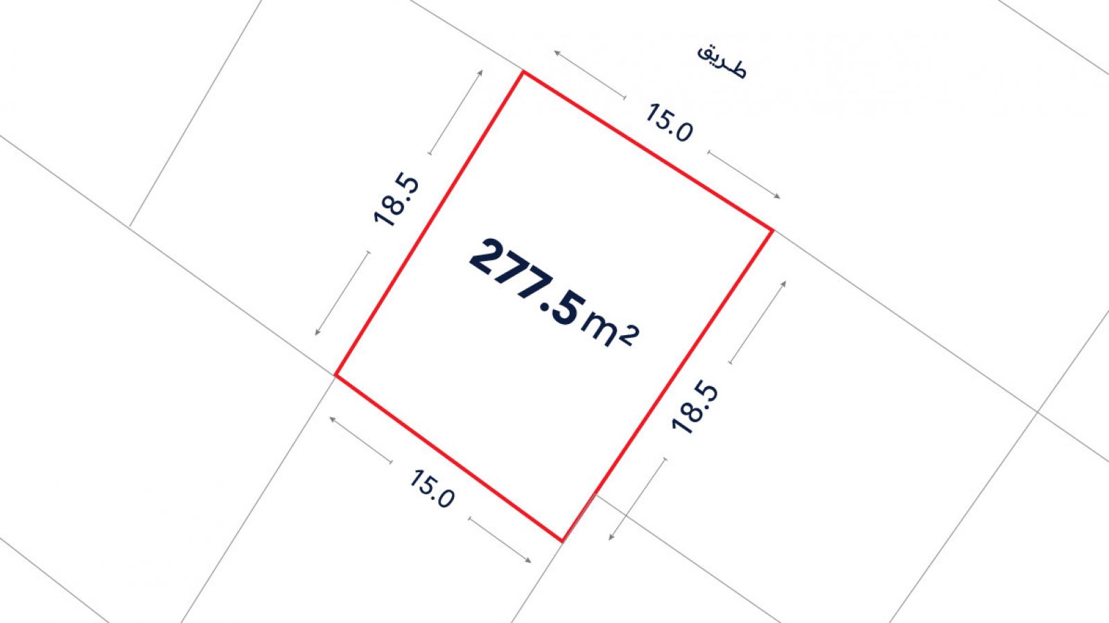 A square plot outlined in red, labeled 277.5 m², with sides measuring 18.5 m and 15.0 m, shown on a grid map with lines and Arabic text.