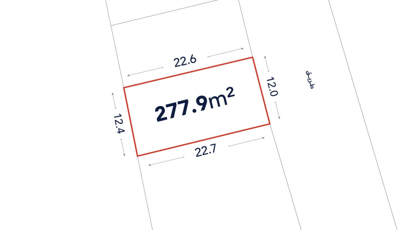 A rectangular plot labeled 277.9 m² with sides measuring 22.6m, 22.7m, 12.0m, and 12.4m; adjacent to a street labeled in Arabic.