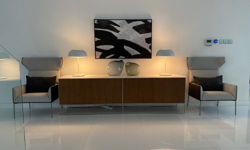 A modern designed living room in a fully furnished villa.