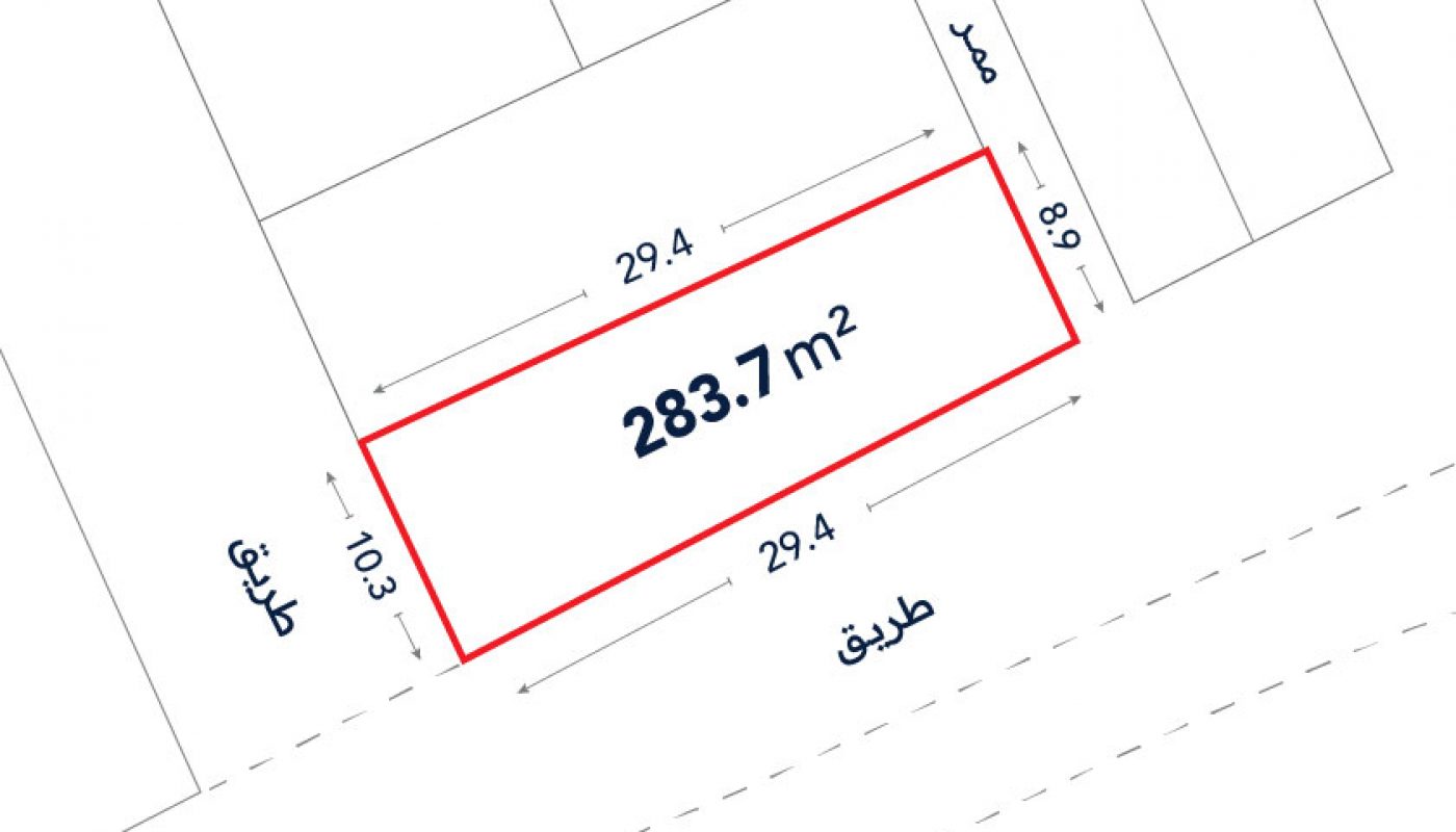 A plot map showing a rectangular land area of 283.7 square meters, with dimensions 29.4m by 10.3m, and adjacent roads labeled in Arabic.