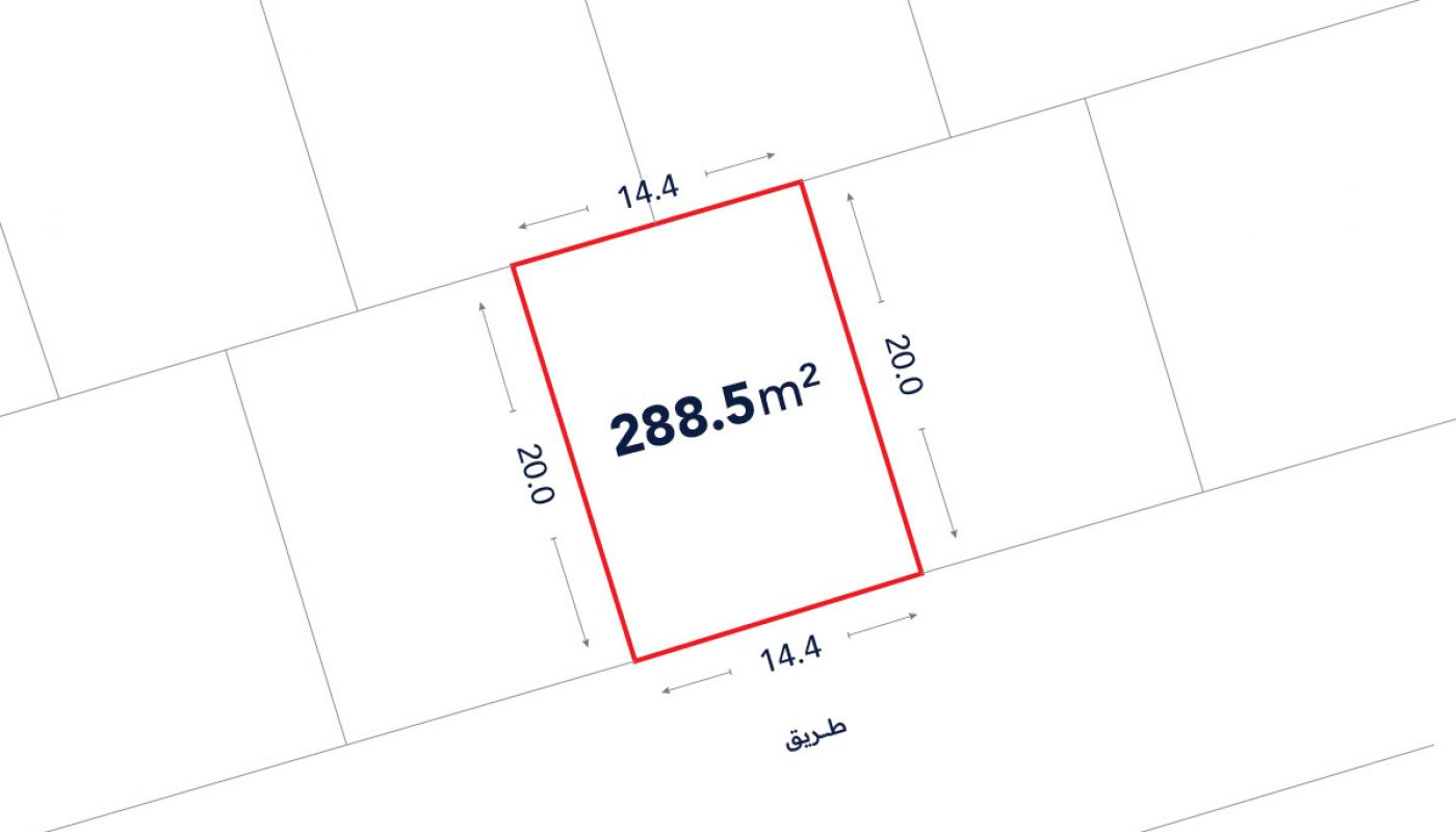 A rectangular plot of land measuring 288.5 square meters, with sides labeled 14.4 meters and 20.0 meters, outlined in red on a site plan.