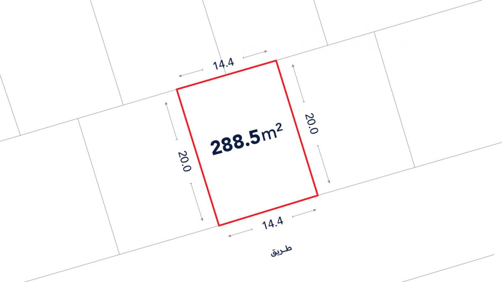 A rectangular plot of land measuring 288.5 square meters, with sides labeled 14.4 meters and 20.0 meters, outlined in red on a site plan.