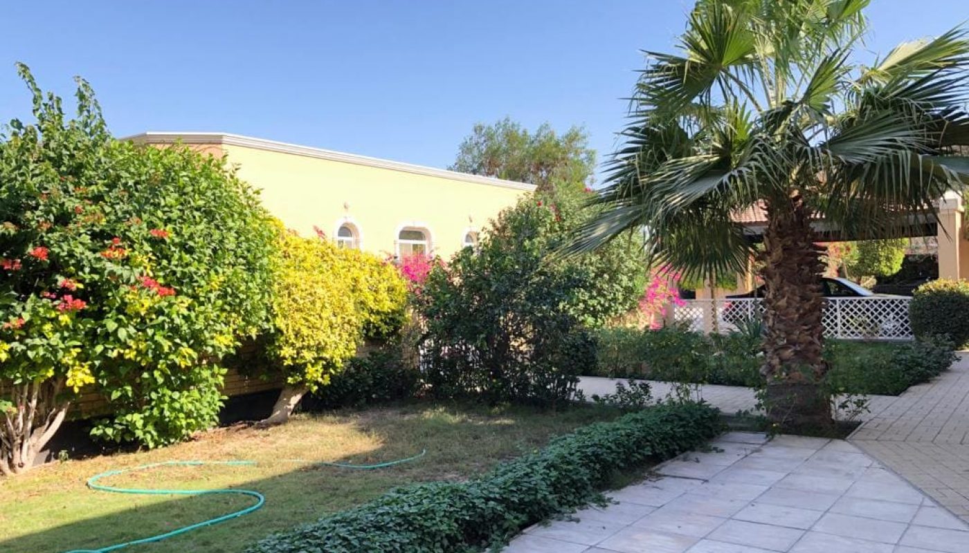 A spacious backyard garden with a tiled walkway, lush greenery, a palm tree, and shrubs. The yellow house, visible with arched windows and semi-furnished interiors, boasts 3 bedrooms. A coiled garden hose lies on the grass.