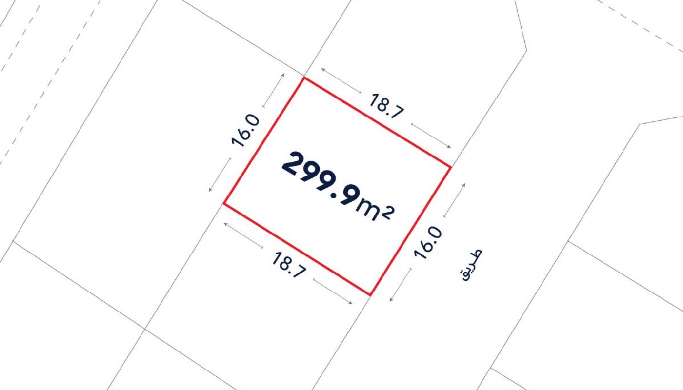 Diagram of a rectangular plot outlined in red, labeled 299.9 square meters, with sides of 16.0m and 18.7m. “Street” is written in Arabic next to the right side.