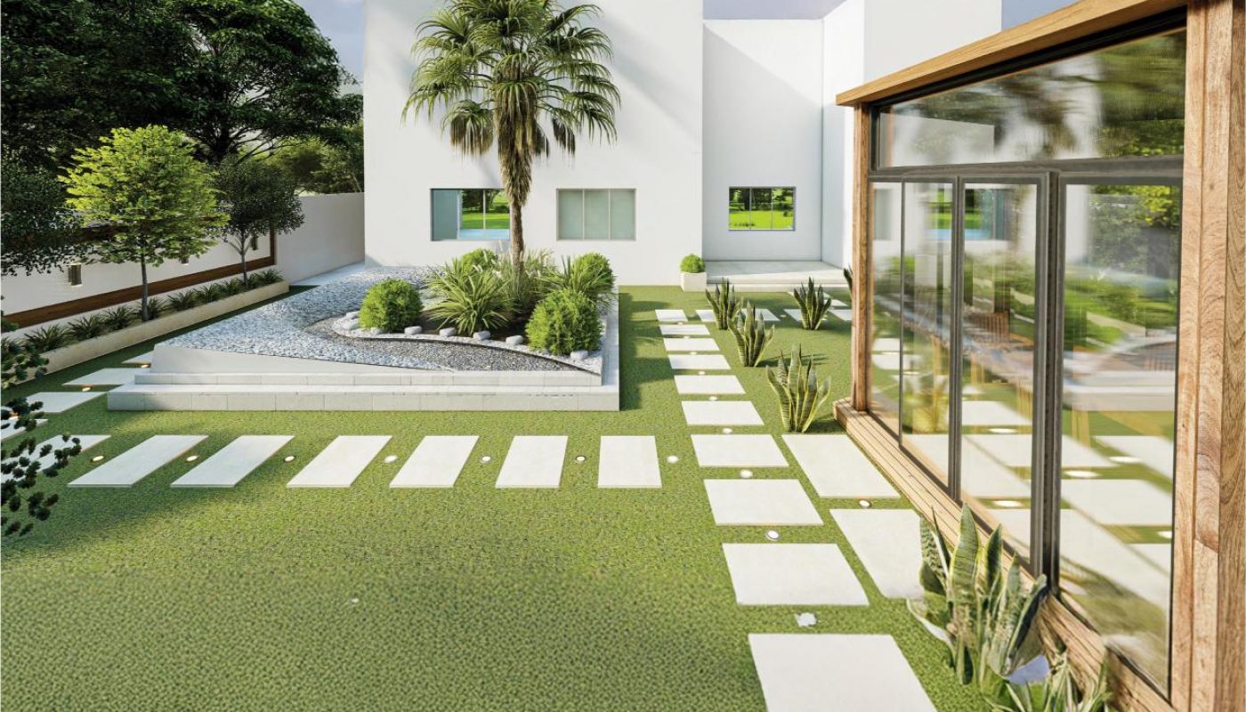 Modern white house with large windows, a landscaped yard featuring stone paths, a palm tree, and a wooden-framed glass structure on the right side under a partly cloudy sky.