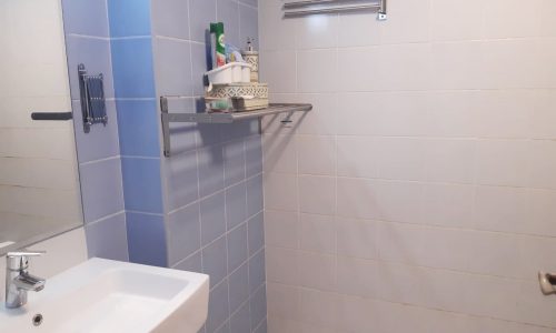 Strategic Area: A blue and white tiled bathroom with a sink and shower located in a strategic area.